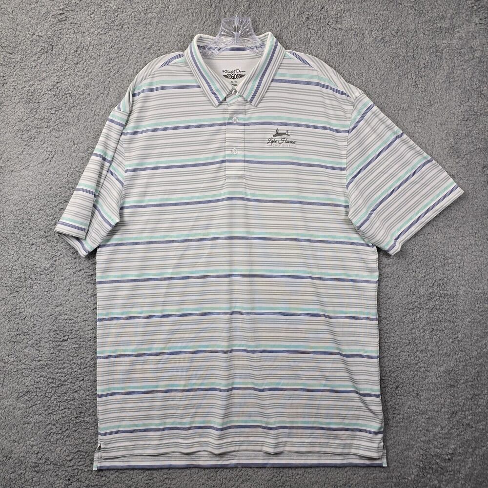 Straight Down Men's White Blue Gray Striped Polo Shirt Size XL LOGO